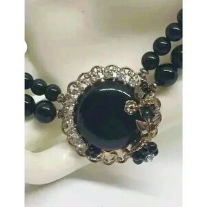 Vintage Black Necklace Bead Filigree Leaf Rhinestone Coker 1950s Drama